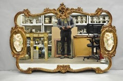 Vintage French Rococo Large Gold Wall Mirror with Bisque Figural Lovers Plaques