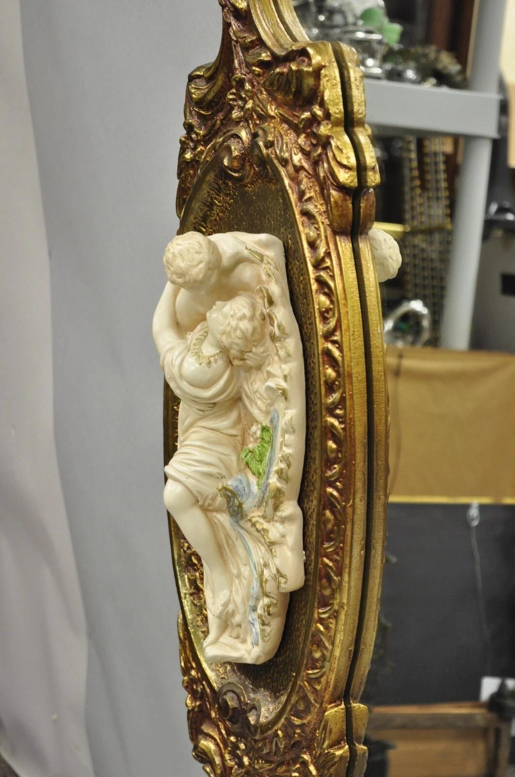 Vintage French Rococo Large Gold Wall Mirror with Bisque Figural Lovers Plaques (Holz) im Angebot