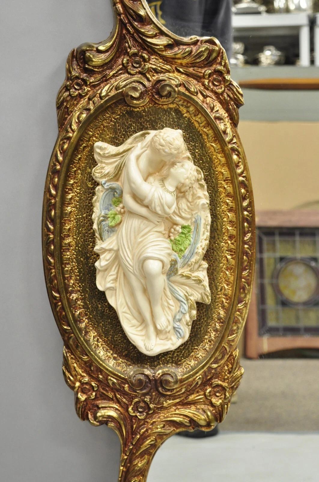 Vintage French Rococo Large Gold Wall Mirror with Bisque Figural Lovers Plaques im Angebot 1
