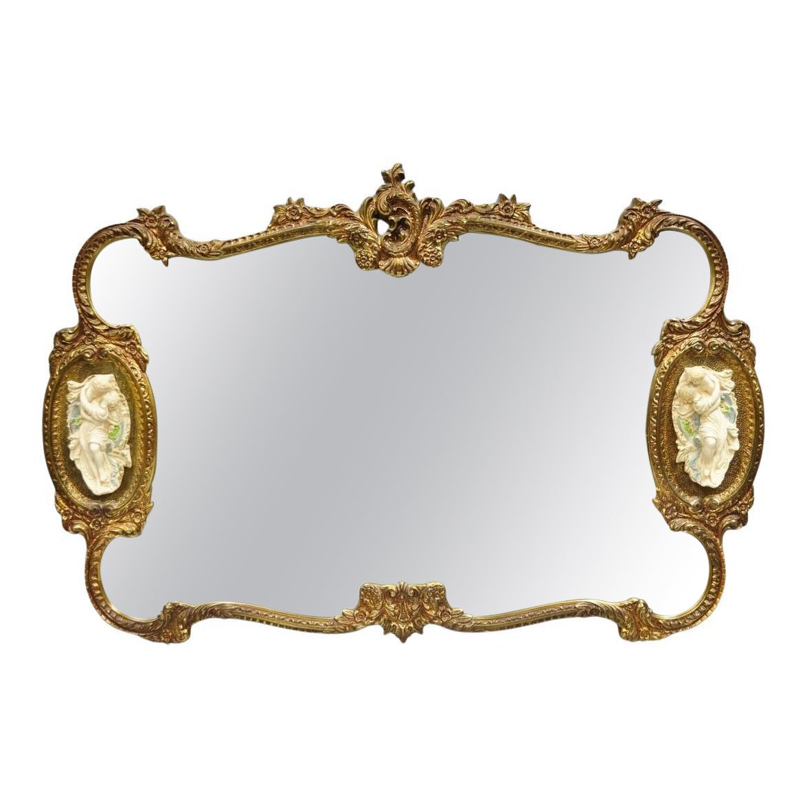 Vintage French Rococo Large Gold Wall Mirror with Bisque Figural Lovers Plaques im Angebot