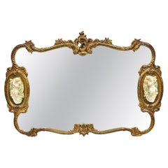 Vintage French Rococo Large Gold Wall Mirror with Bisque Figural Lovers Plaques