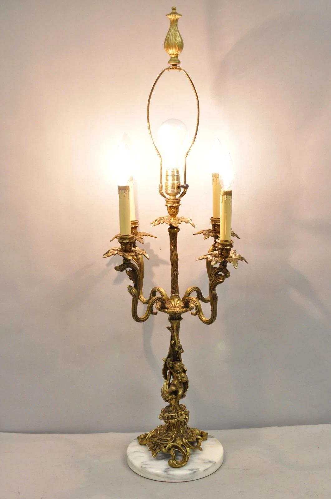Vintage French Rococo Louis XV Brass Marble Figural Cherub Candelabra Table Lamp en vente 6