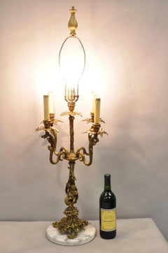 Vintage French Rococo Louis XV Brass Marble Figural Cherub Candelabra Table Lamp