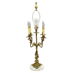 Vintage French Rococo Louis XV Brass Marble Figural Cherub Candelabra Table Lamp