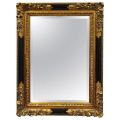 Vintage French Rococo Louis XV Style Black and Gold Beveled Glass Wall Mirror