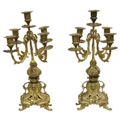 Vintage French Rococo Louis XV Style Small Ornate Brass Candelabra - a Pair