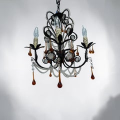 Vintage French Rococo Revival 6-Arm Wrought Iron Chandelier, Amber Glass Drops.