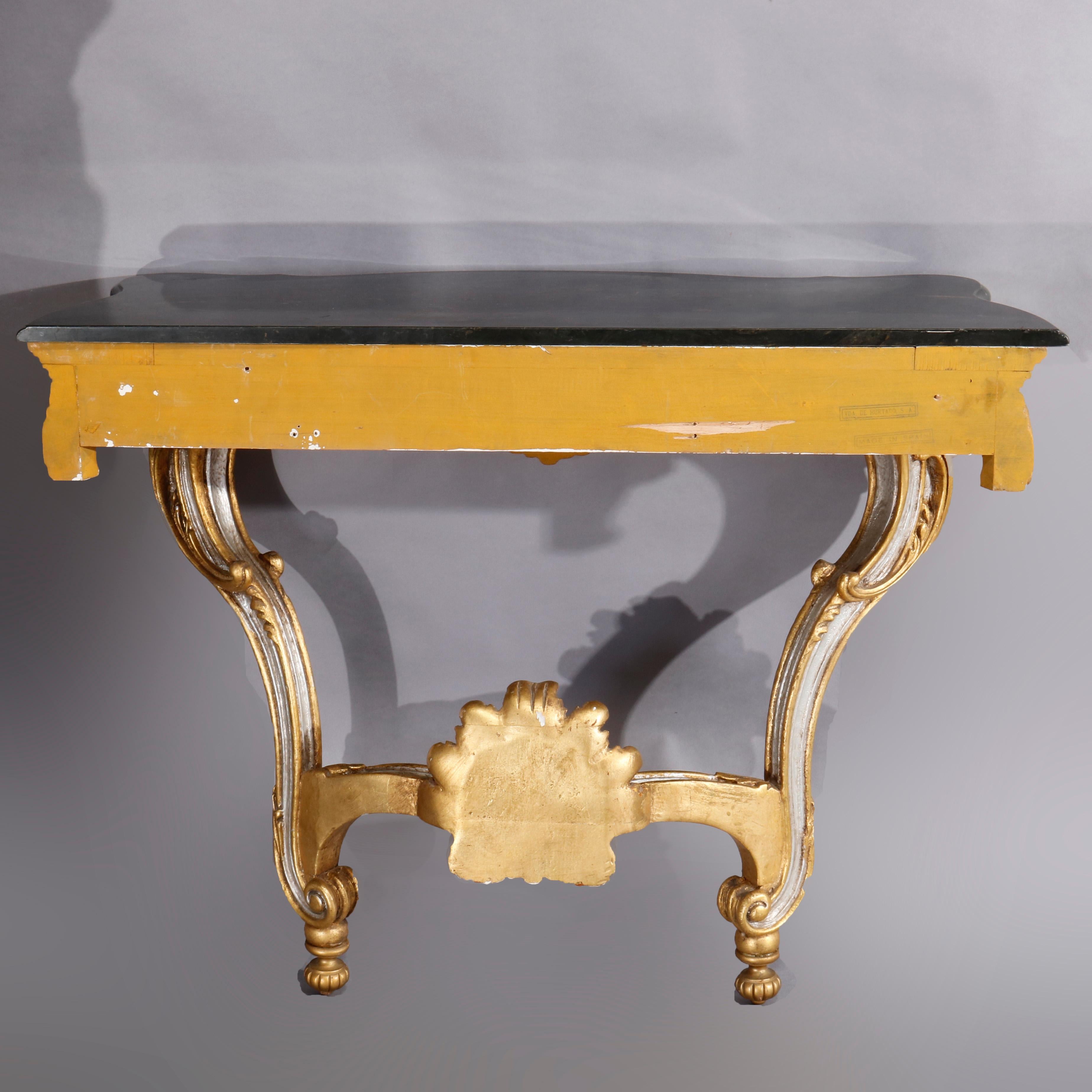 Vintage French Rococo Silver and Gold Gilt Marble Top Console by Hurtado 9