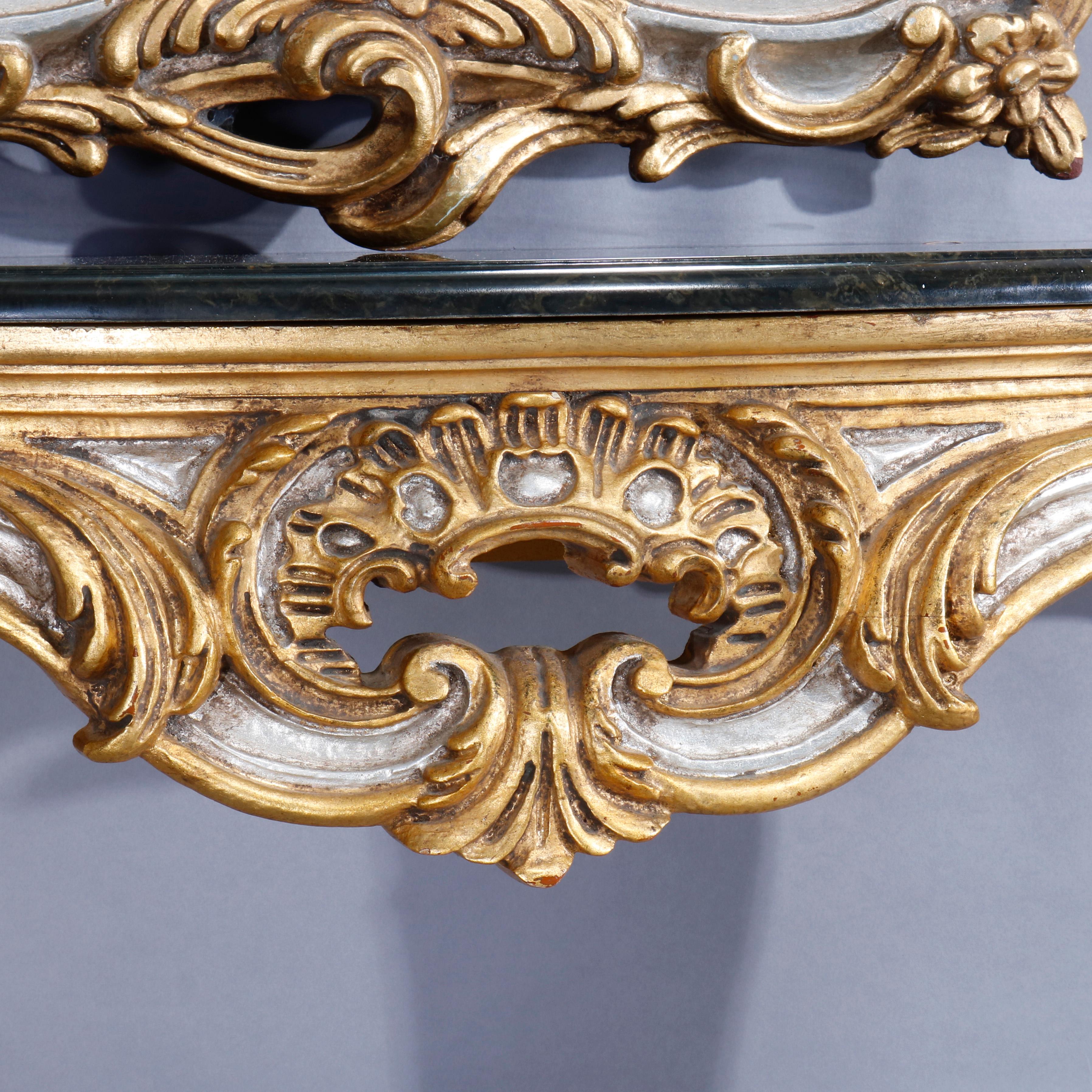 Carved Vintage French Rococo Silver and Gold Gilt Marble Top Console by Hurtado