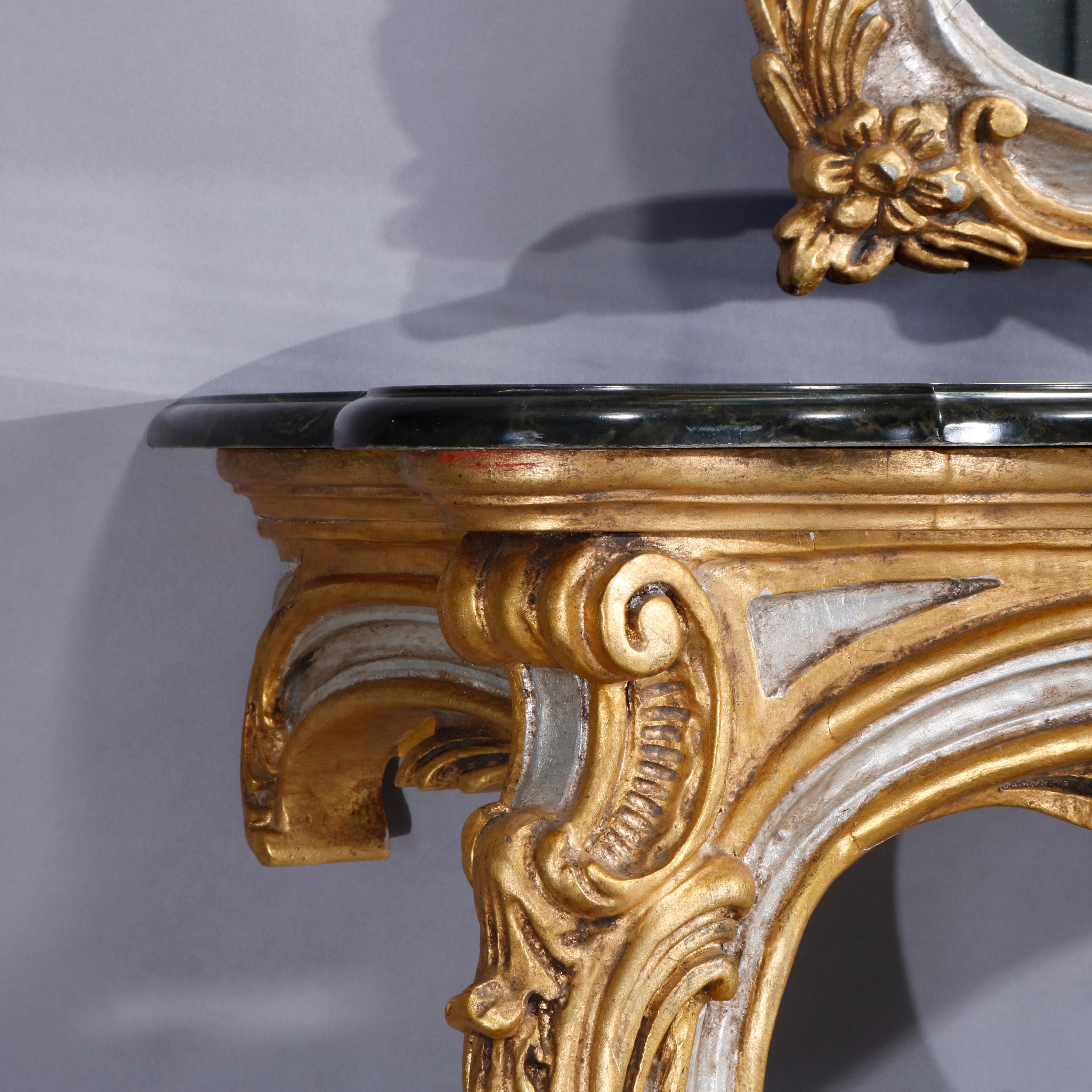 Vintage French Rococo Silver and Gold Gilt Marble Top Console by Hurtado In Good Condition In Big Flats, NY