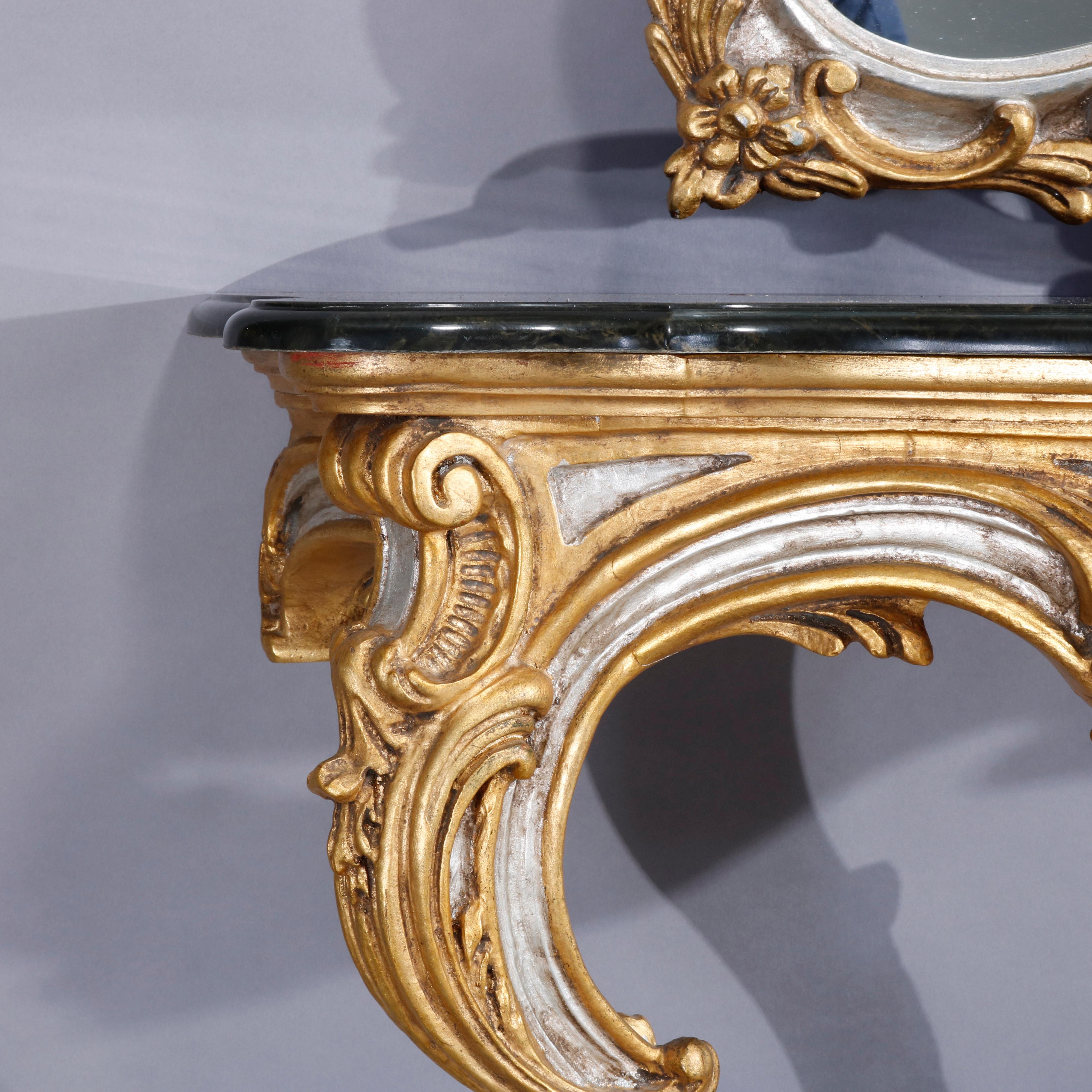 20th Century Vintage French Rococo Silver and Gold Gilt Marble Top Console by Hurtado