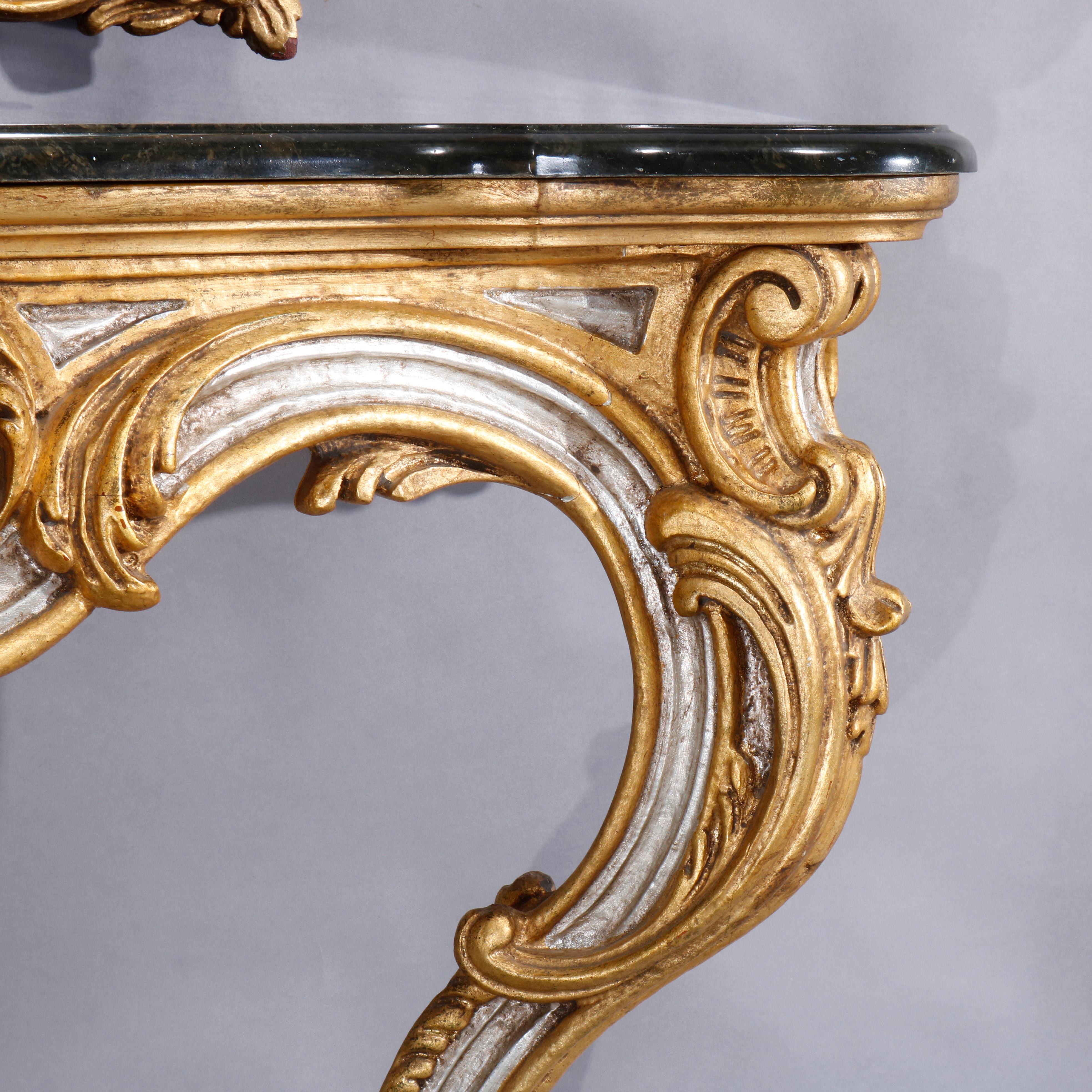 Mirror Vintage French Rococo Silver and Gold Gilt Marble Top Console by Hurtado