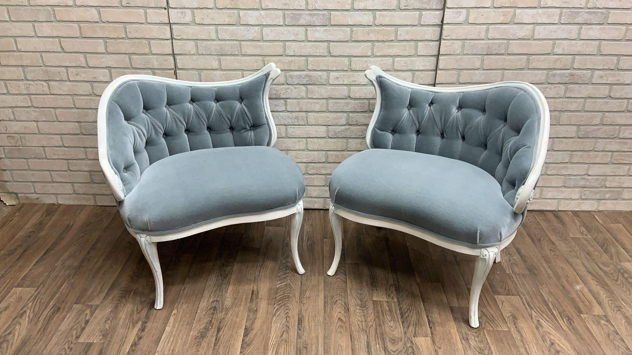 Vintage French Rococo Style Asymmetrical Fireside Ice Blue Mohair Chairs - Pair For Sale 8