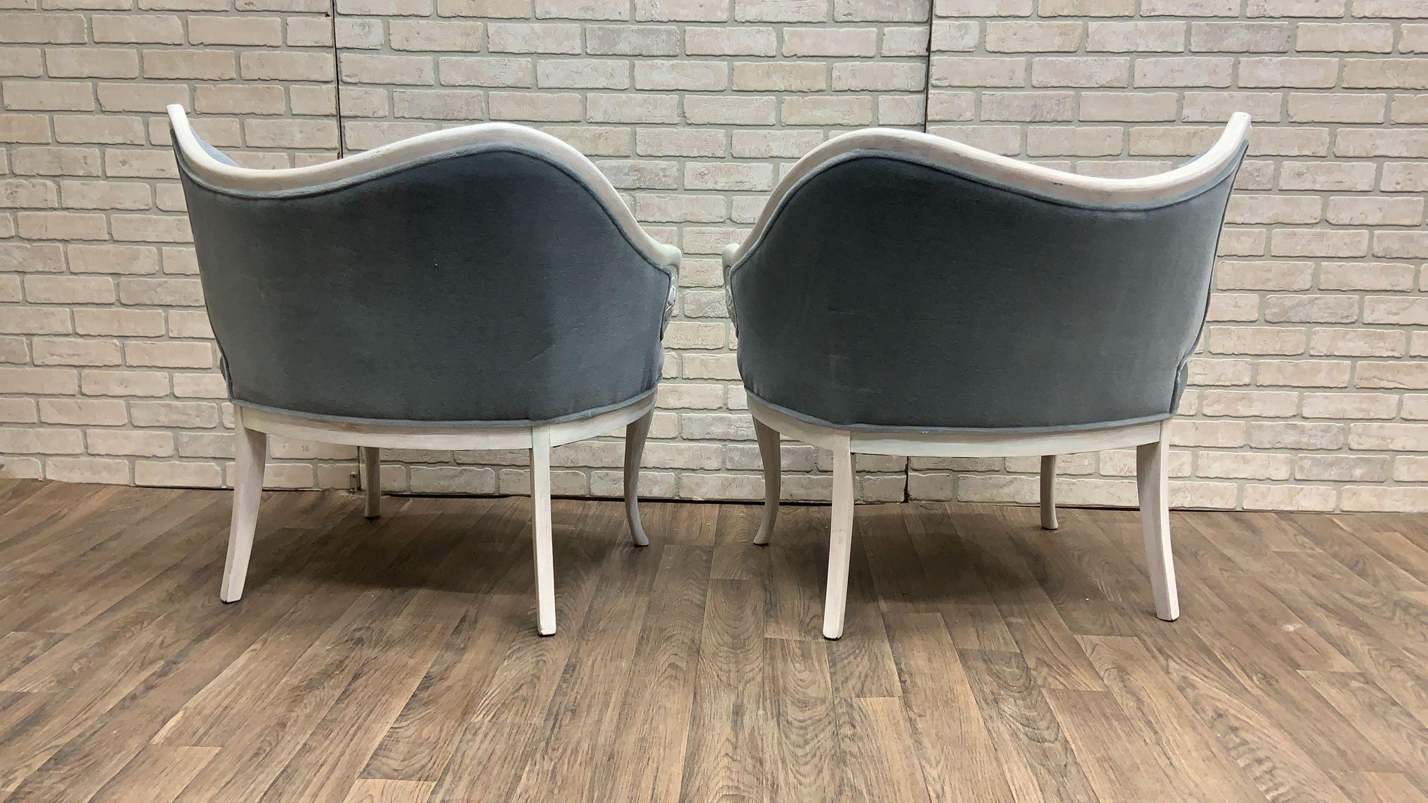 Vintage French Rococo Style Asymmetrical Fireside Ice Blue Mohair Chairs - Pair In Good Condition For Sale In Chicago, IL