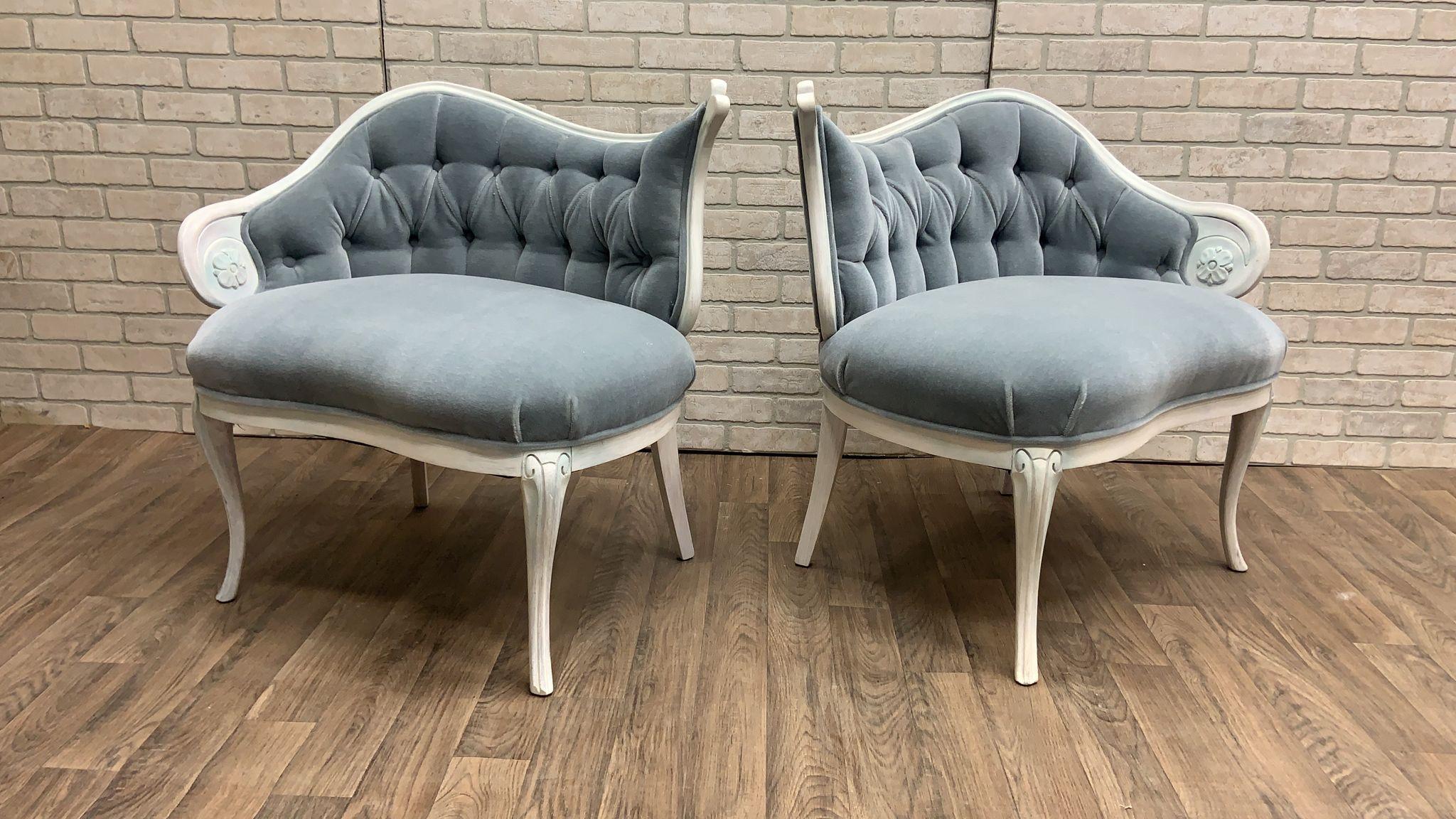 Vintage French Rococo Style Asymmetrical Fireside Ice Blue Mohair Chairs - Pair For Sale 2