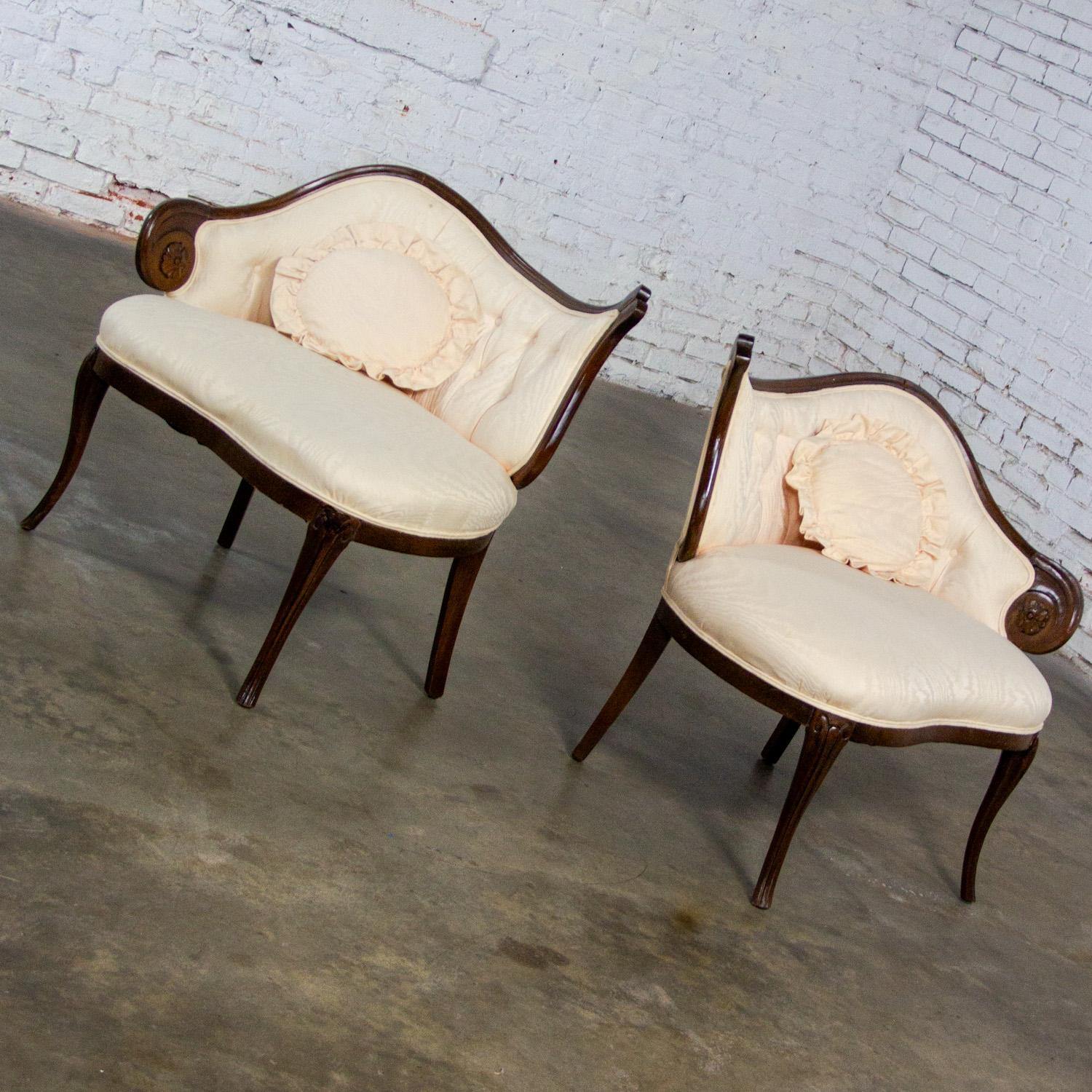 Fabric Vintage French Rococo Style Asymmetrical Ladies Parlor Chairs  w/Walnut Frames For Sale
