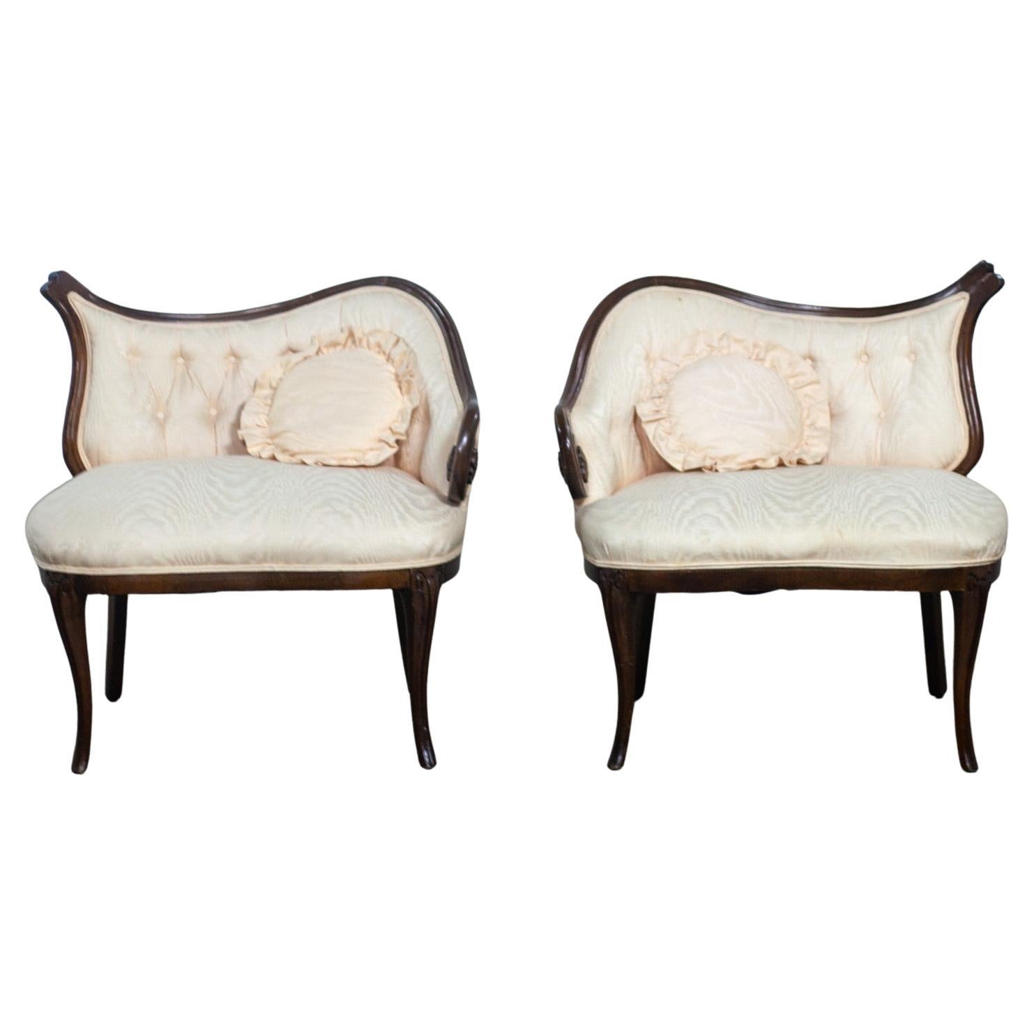 Vintage French Rococo Style Asymmetrical Ladies Parlor Chairs  w/Walnut Frames For Sale