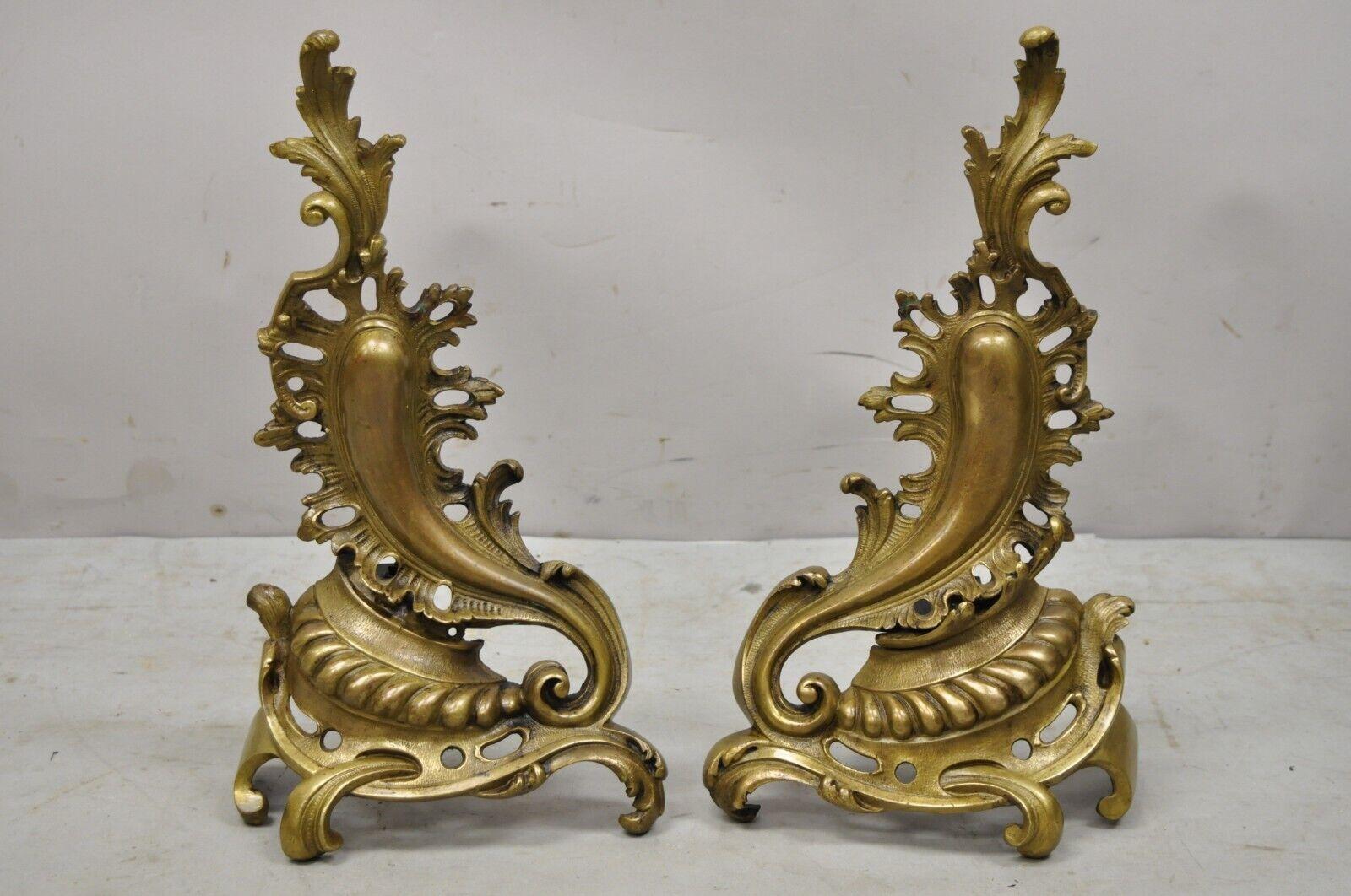 Vintage French Rococo Style Bronze Acanthus Leafy Scroll Andirons, Pair For Sale 6