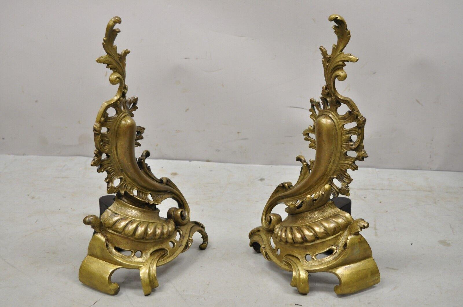 Vintage French Rococo style bronze Acanthus Leafy Scroll Andirons - a pair. Circa mid-20th century. Measurements: 18