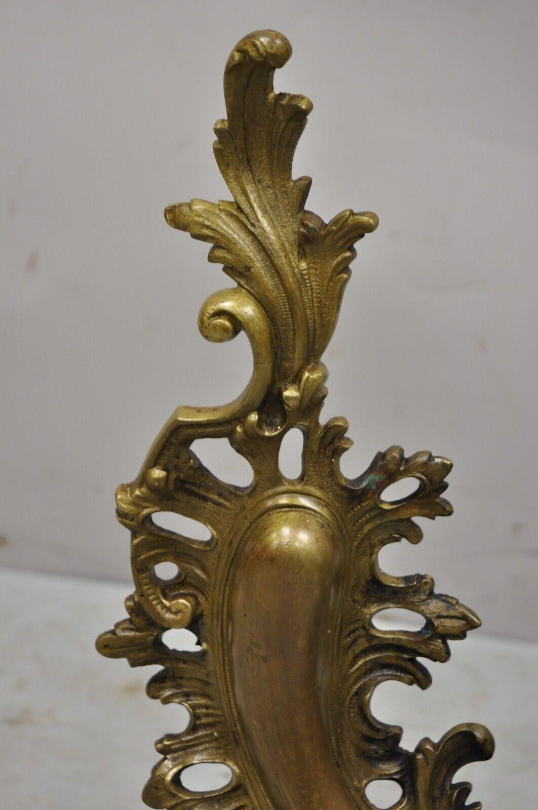 Cast Vintage French Rococo Style Bronze Acanthus Leafy Scroll Andirons, Pair For Sale
