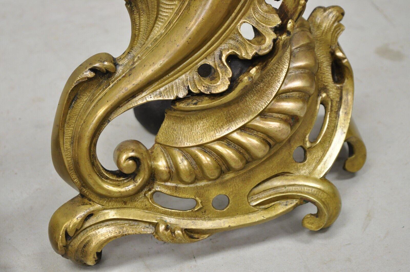 Vintage French Rococo Style Bronze Acanthus Leafy Scroll Andirons, Pair In Good Condition For Sale In Philadelphia, PA