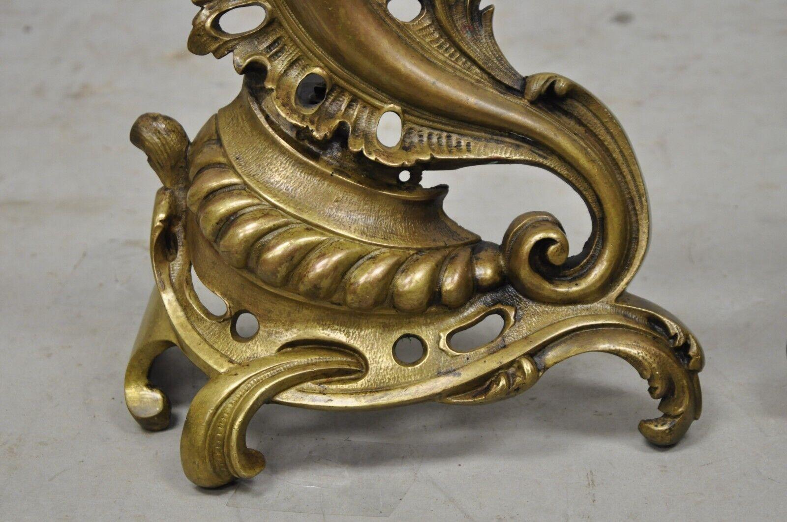 20th Century Vintage French Rococo Style Bronze Acanthus Leafy Scroll Andirons, Pair For Sale