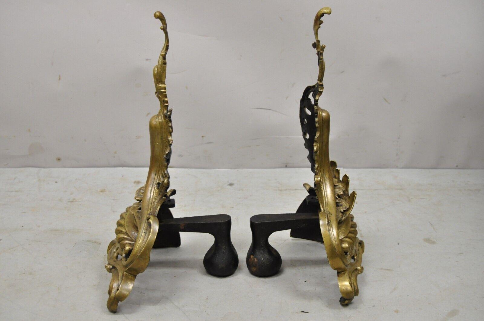 Vintage French Rococo Style Bronze Acanthus Leafy Scroll Andirons, Pair For Sale 1