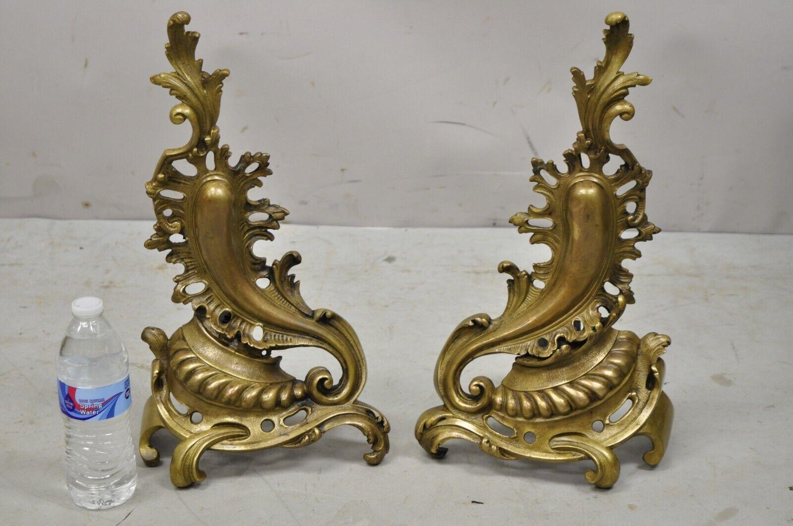 Vintage French Rococo Style Bronze Acanthus Leafy Scroll Andirons, Pair For Sale 4