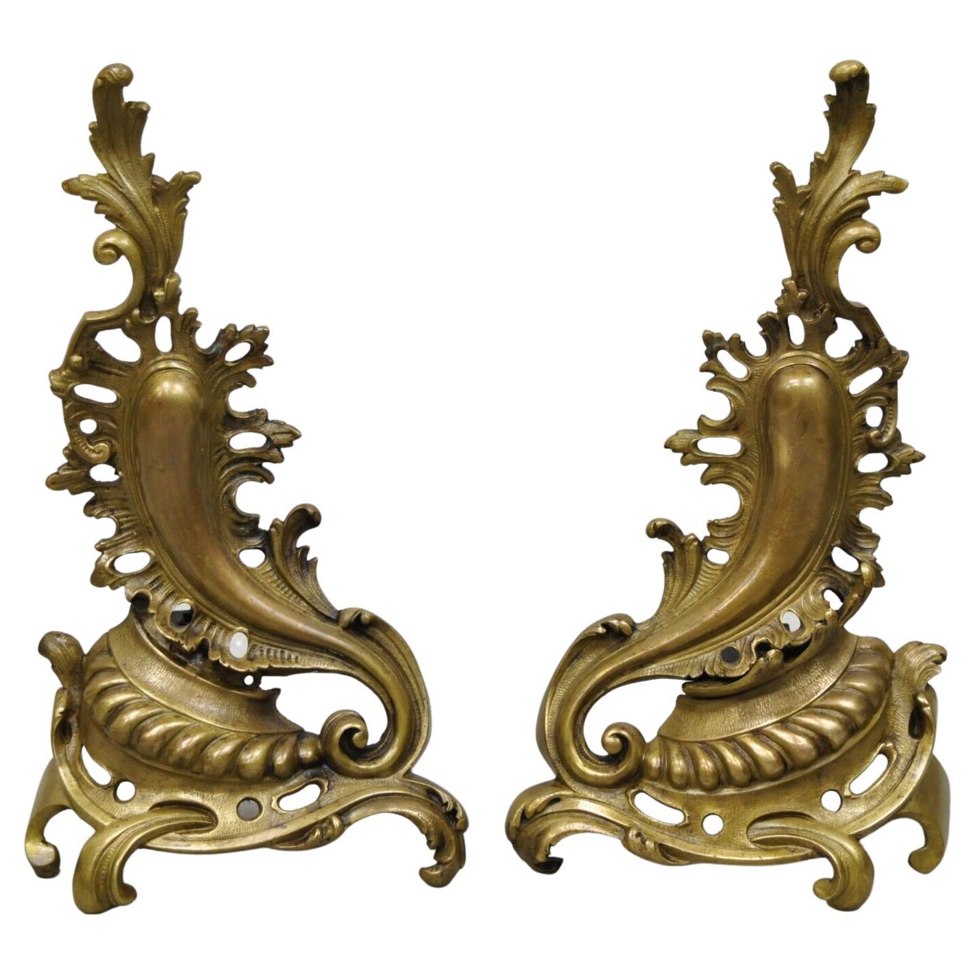 Vintage French Rococo Style Bronze Acanthus Leafy Scroll Andirons, Pair For Sale