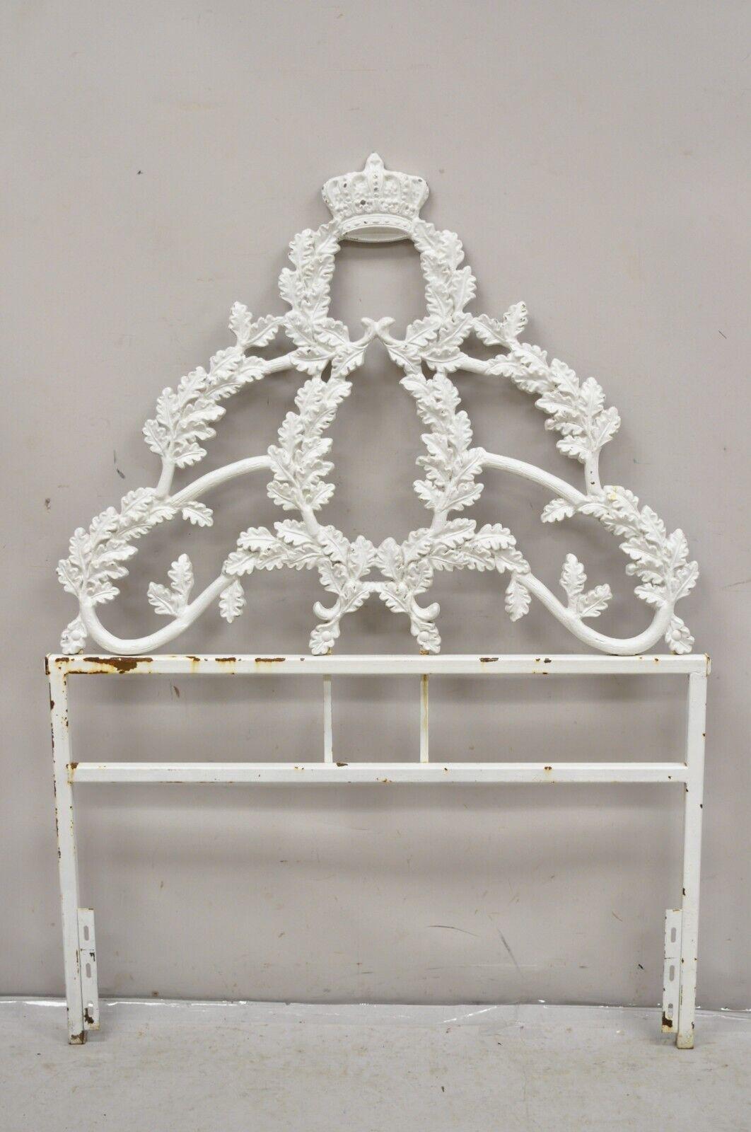 Vintage French Rococo Style Crown Branch and Leaf Twin / Single Cast Iron Headboard. Circa Mid 20th Century. Measurements: 54