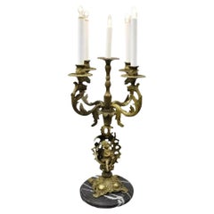 Vintage French Rococo Style Figural Cherub Brass & Marble Candelabra Table Lamp