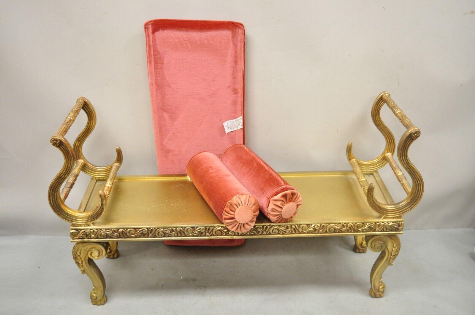 Vintage French Rococo Style Gold Scrolling Bench with Pink Cushion and