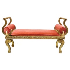 Vintage French Rococo Style Gold Scrolling Bench with Pink Cushion and Bolsters