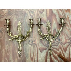 Vintage French Rococo Style Metal Wall Candle Sconces - Pair
