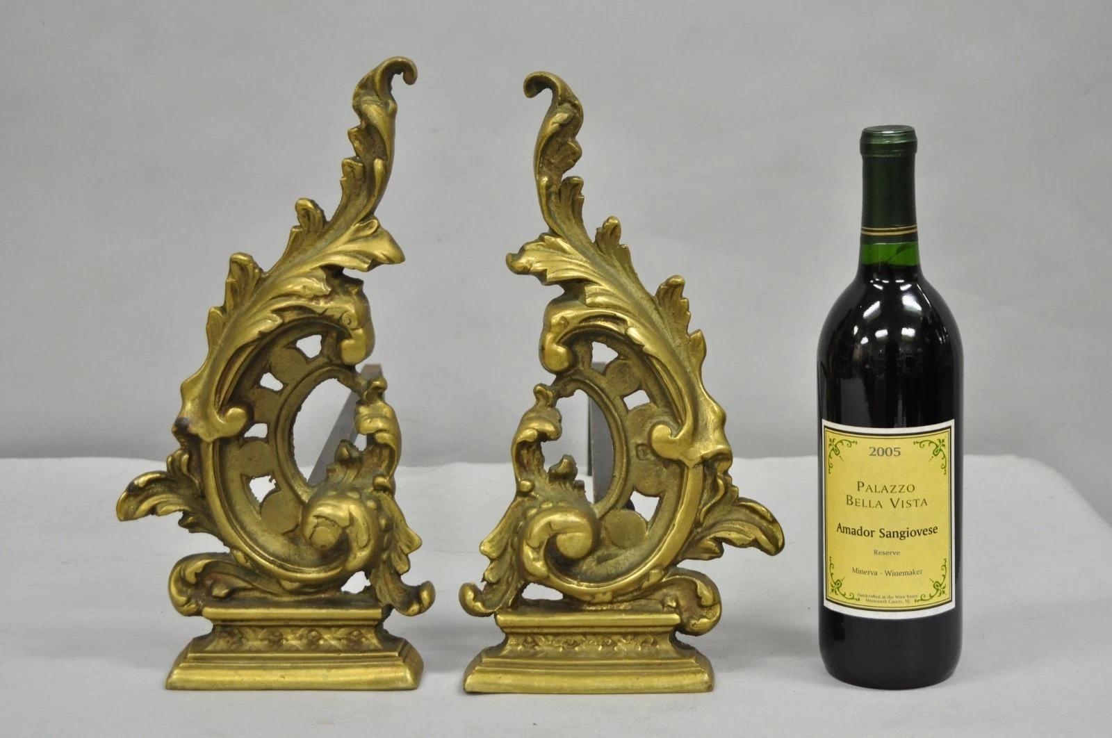 Vintage French Rococo Style Small Brass Bronze Acanthus Leaf Andirons - a Pair. Circa Mid 20th Century. Measurements: 13