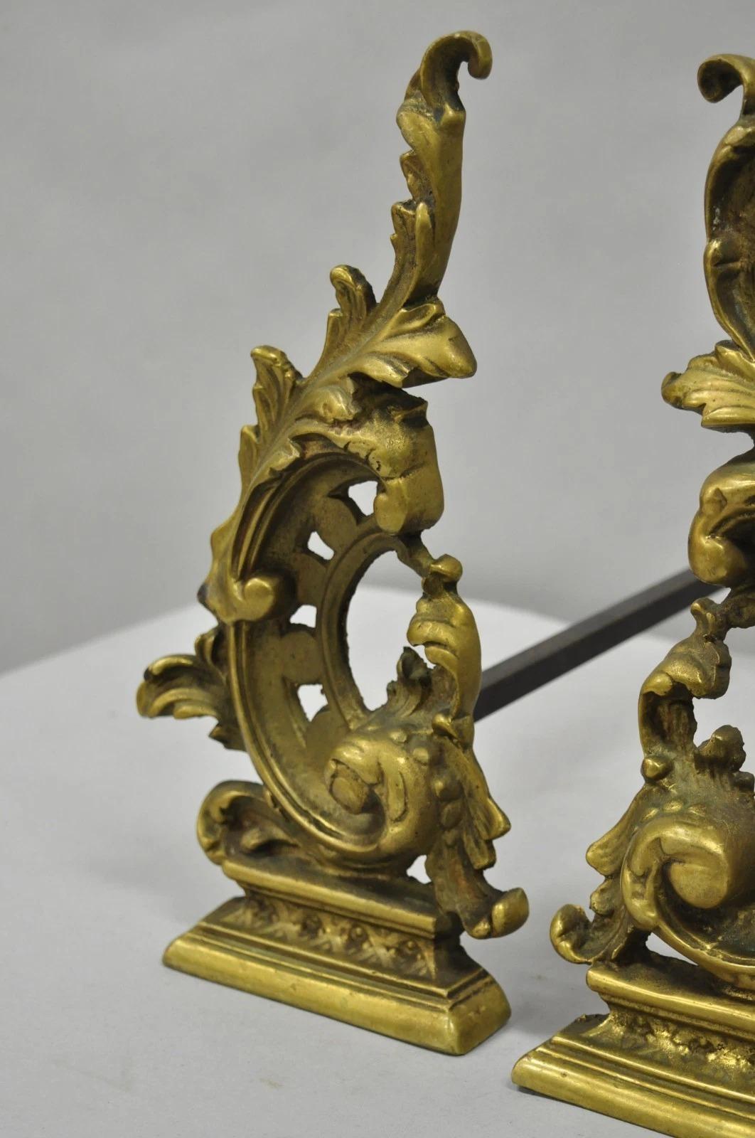 Unknown Vintage French Rococo Style Small Brass Bronze Acanthus Leaf Andirons - a Pair For Sale