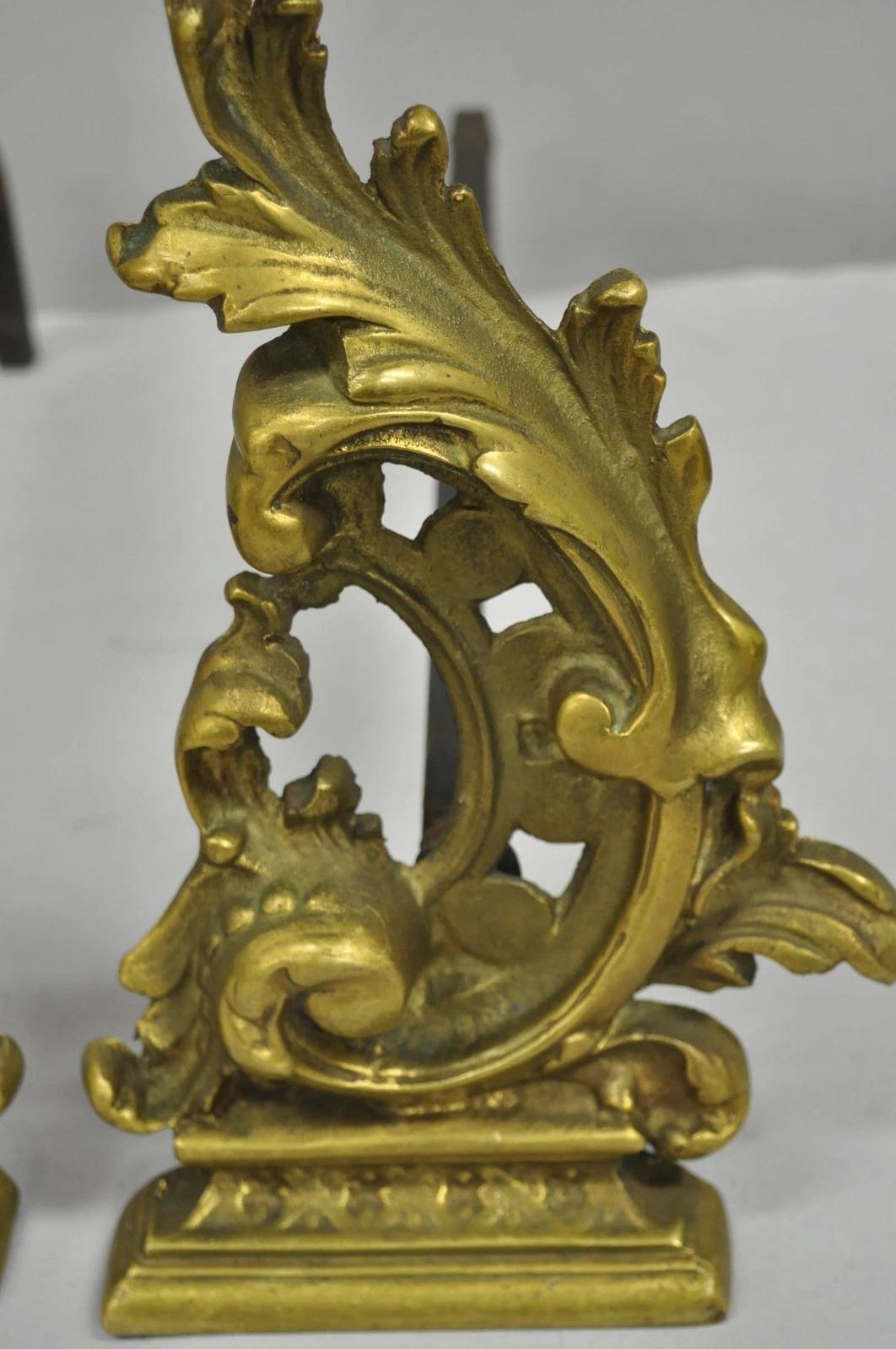 20th Century Vintage French Rococo Style Small Brass Bronze Acanthus Leaf Andirons - a Pair For Sale