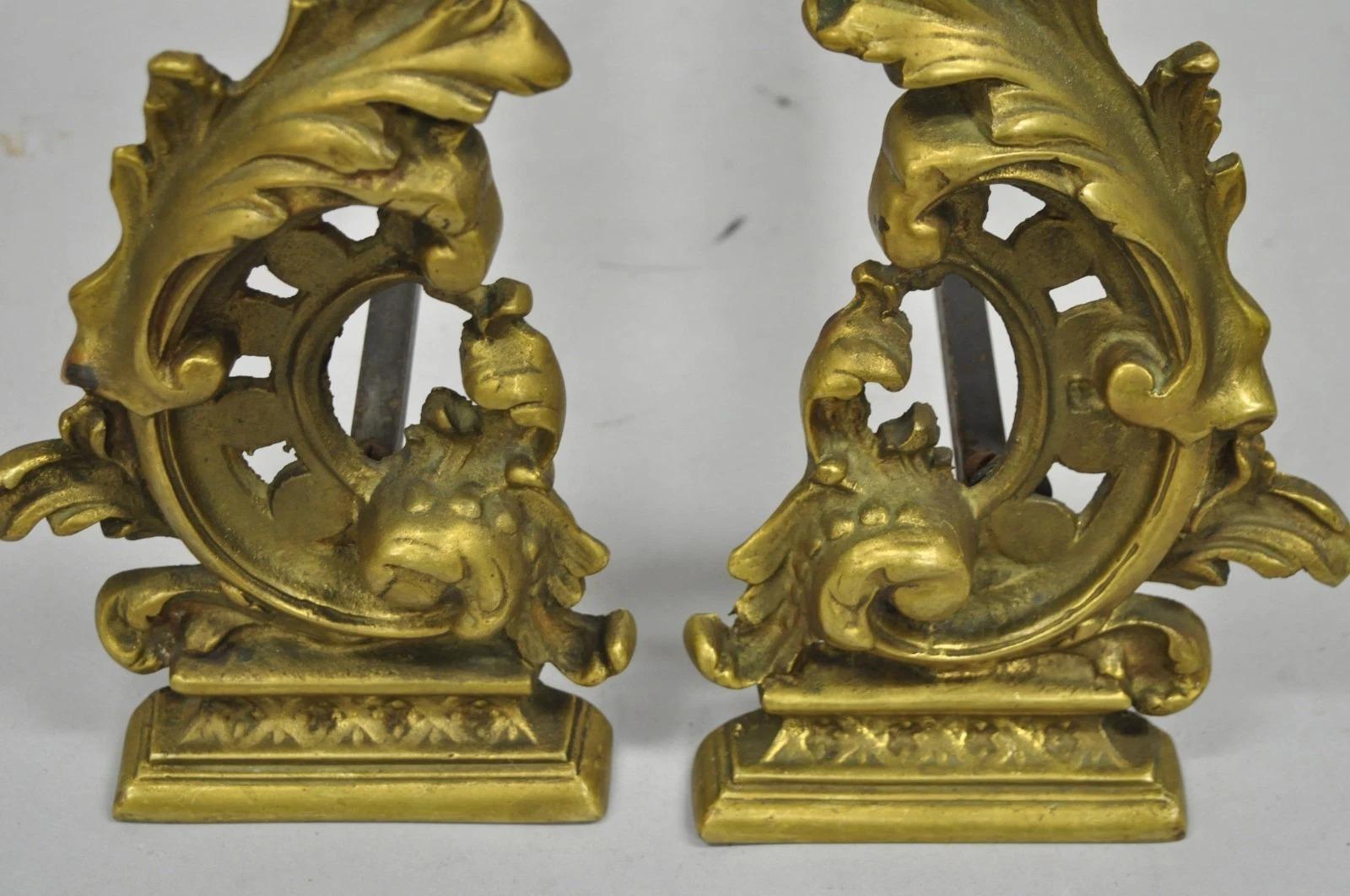 Vintage French Rococo Style Small Brass Bronze Acanthus Leaf Andirons - a Pair For Sale 1