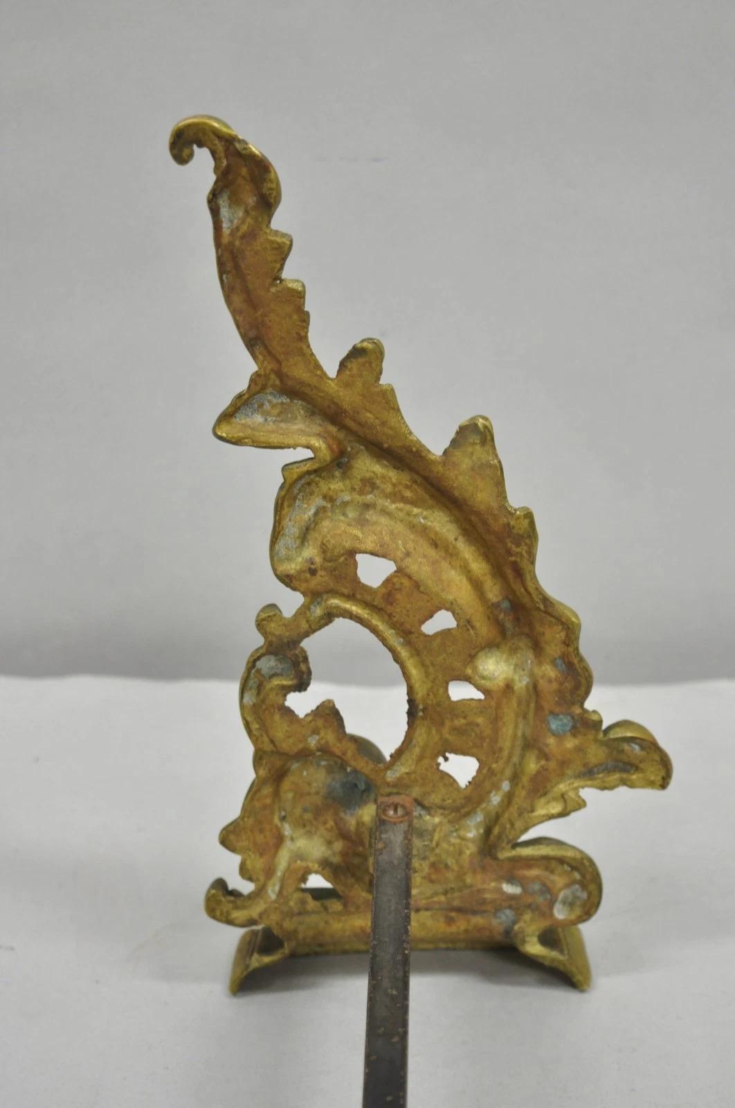 Vintage French Rococo Style Small Brass Bronze Acanthus Leaf Andirons - a Pair For Sale 2