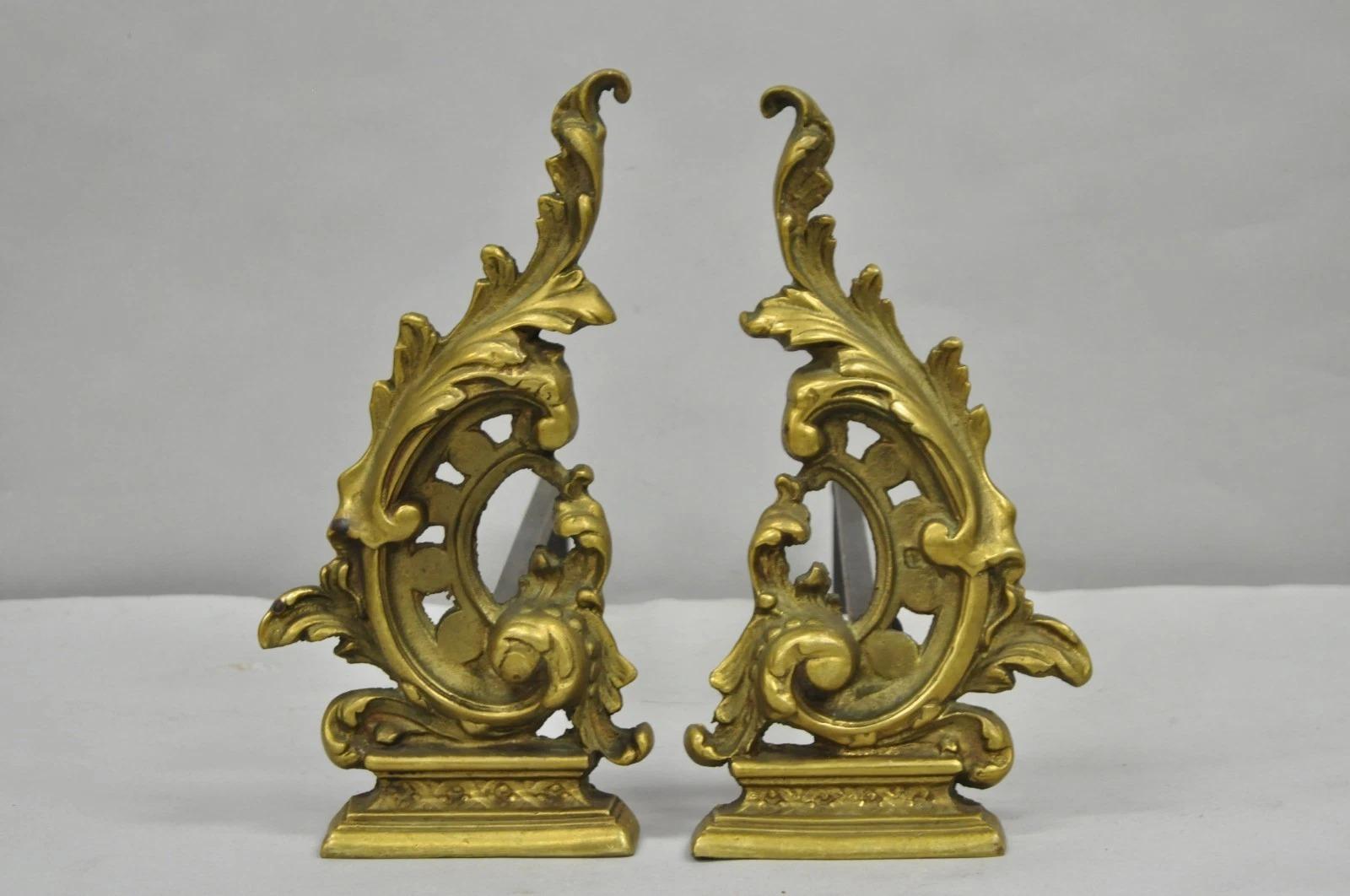 Vintage French Rococo Style Small Brass Bronze Acanthus Leaf Andirons - a Pair For Sale 3
