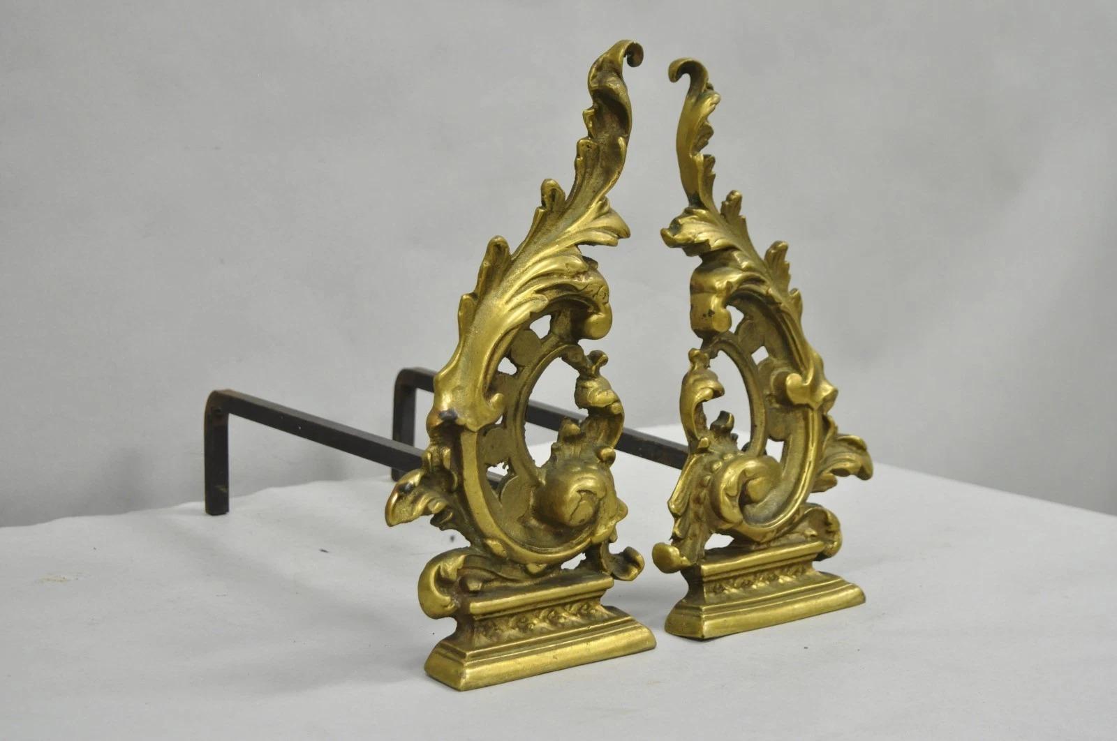 Vintage French Rococo Style Small Brass Bronze Acanthus Leaf Andirons - a Pair For Sale 4