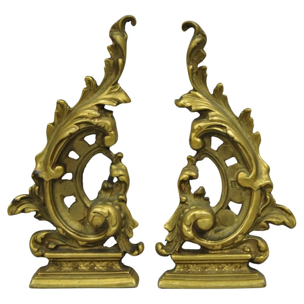Vintage French Rococo Style Small Brass Bronze Acanthus Leaf Andirons - a Pair For Sale