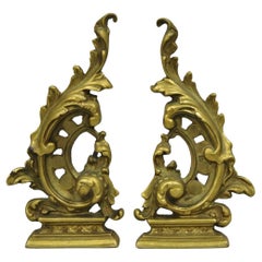 Vintage French Rococo Style Small Brass Bronze Acanthus Leaf Andirons - a Pair