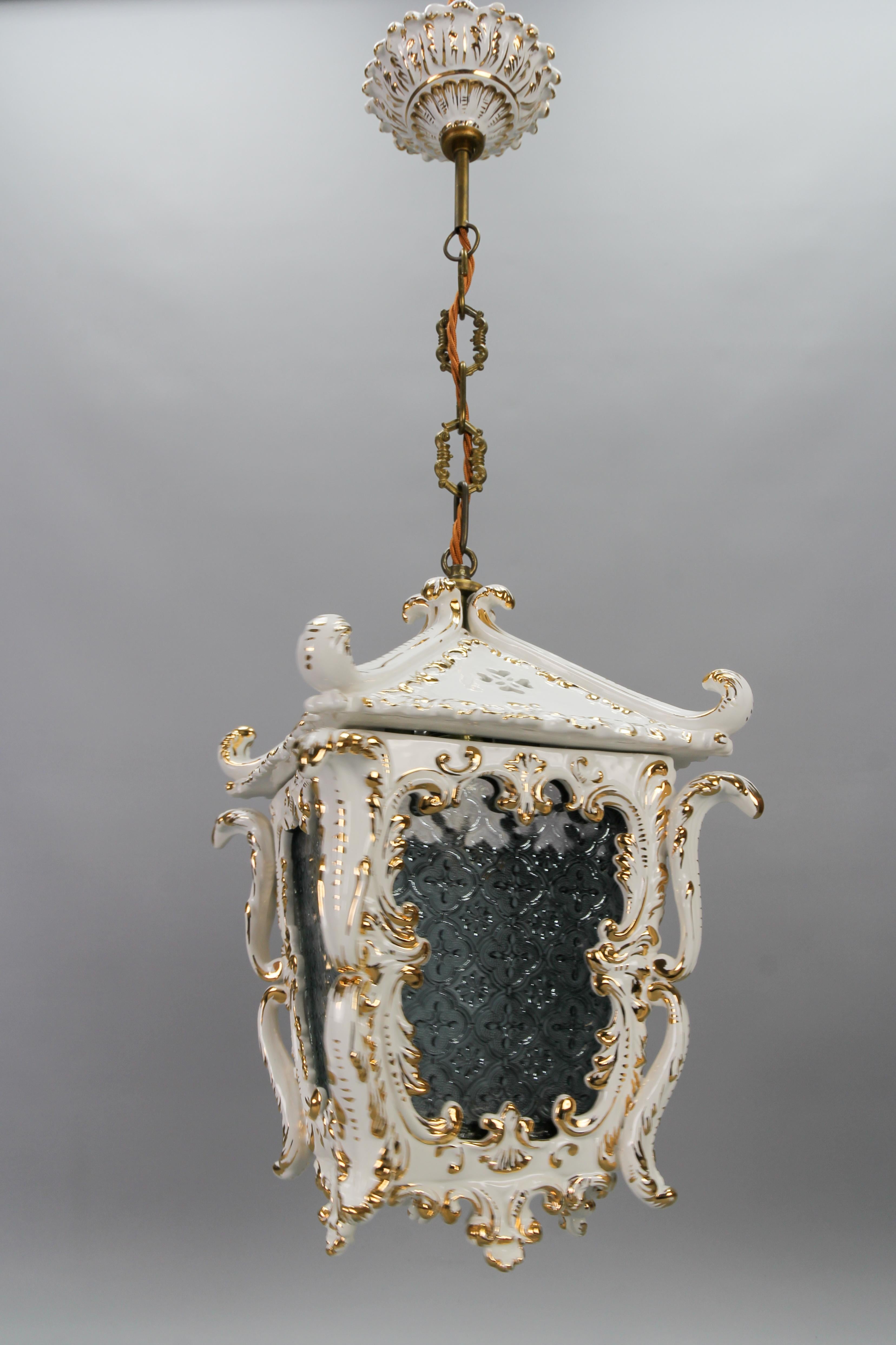 Vintage French Rococo Style White Ceramic and Glass Hanging Lantern, 1970s For Sale 5