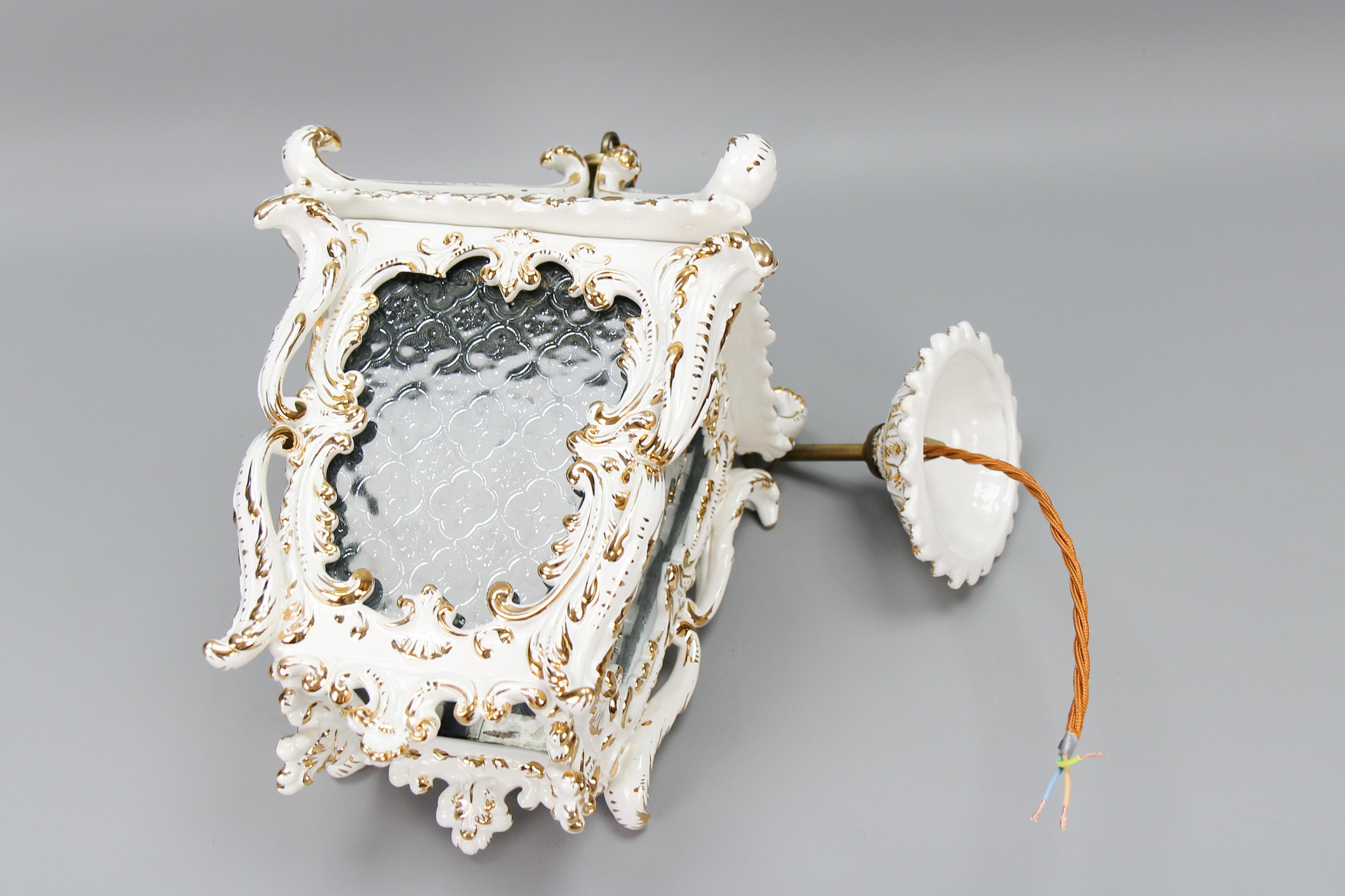 Vintage French Rococo Style White Ceramic and Glass Hanging Lantern, 1970s For Sale 8