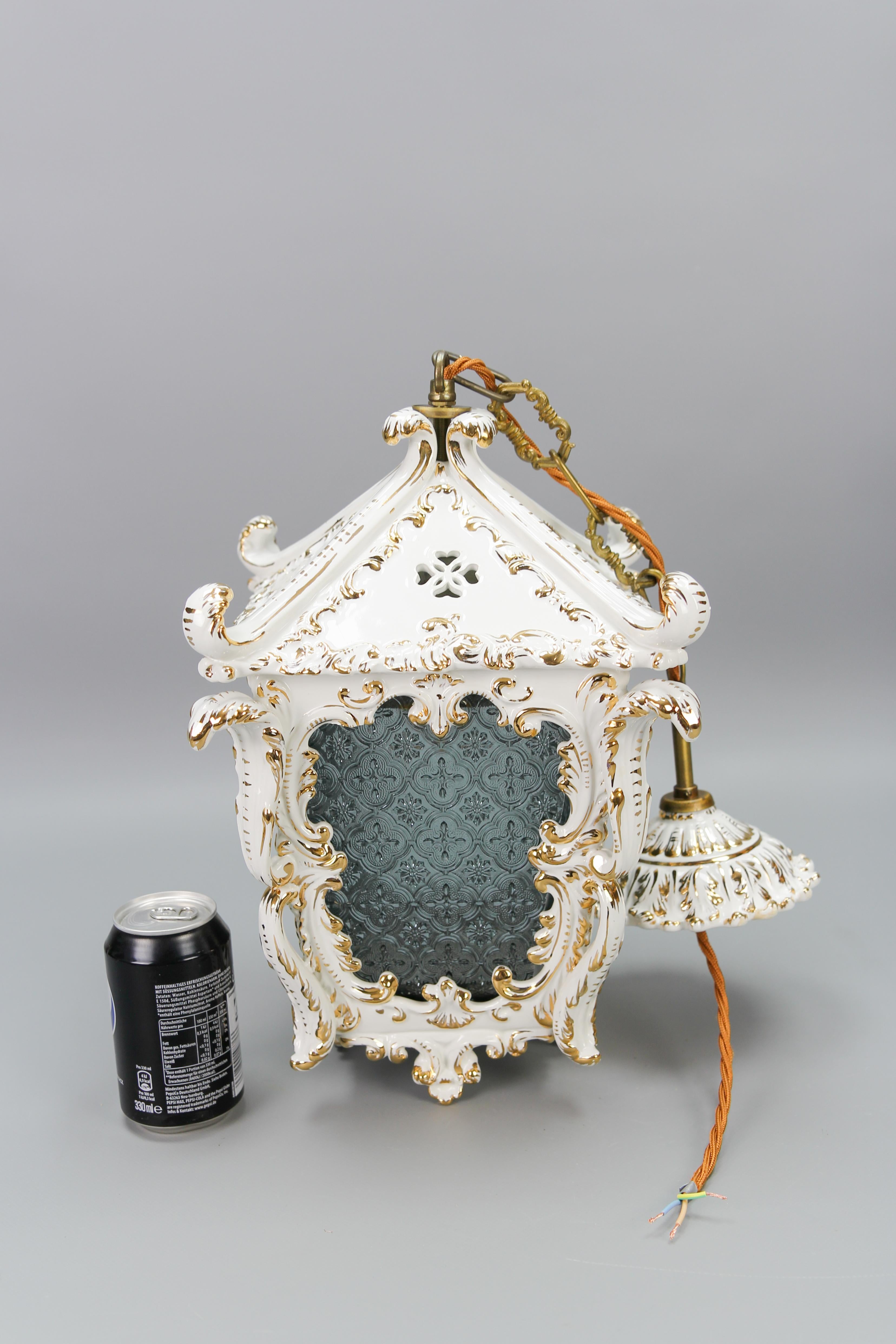 Vintage French Rococo Style White Ceramic and Glass Hanging Lantern, 1970s For Sale 9