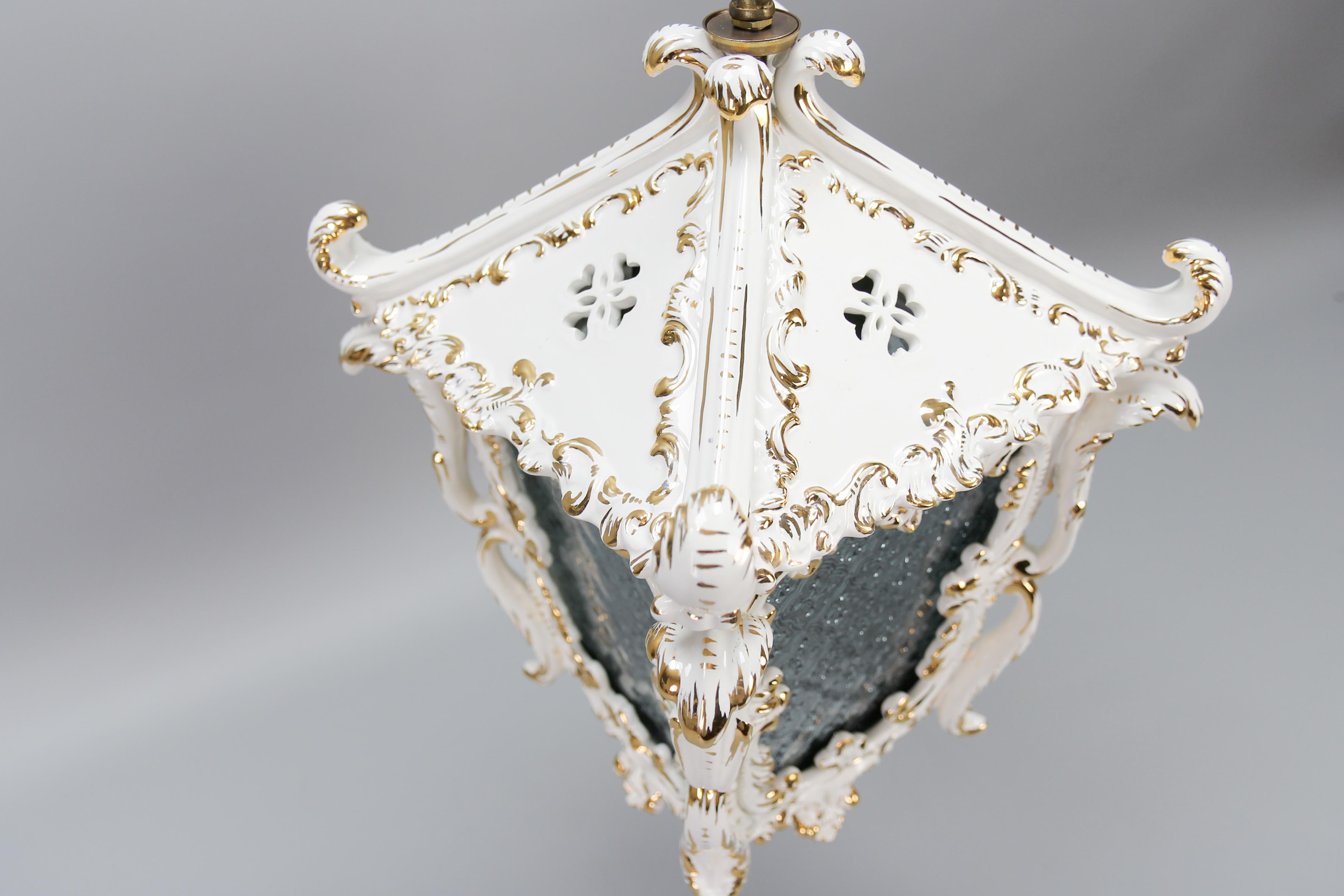 Vintage French Rococo Style White Ceramic and Glass Hanging Lantern, 1970s For Sale 10