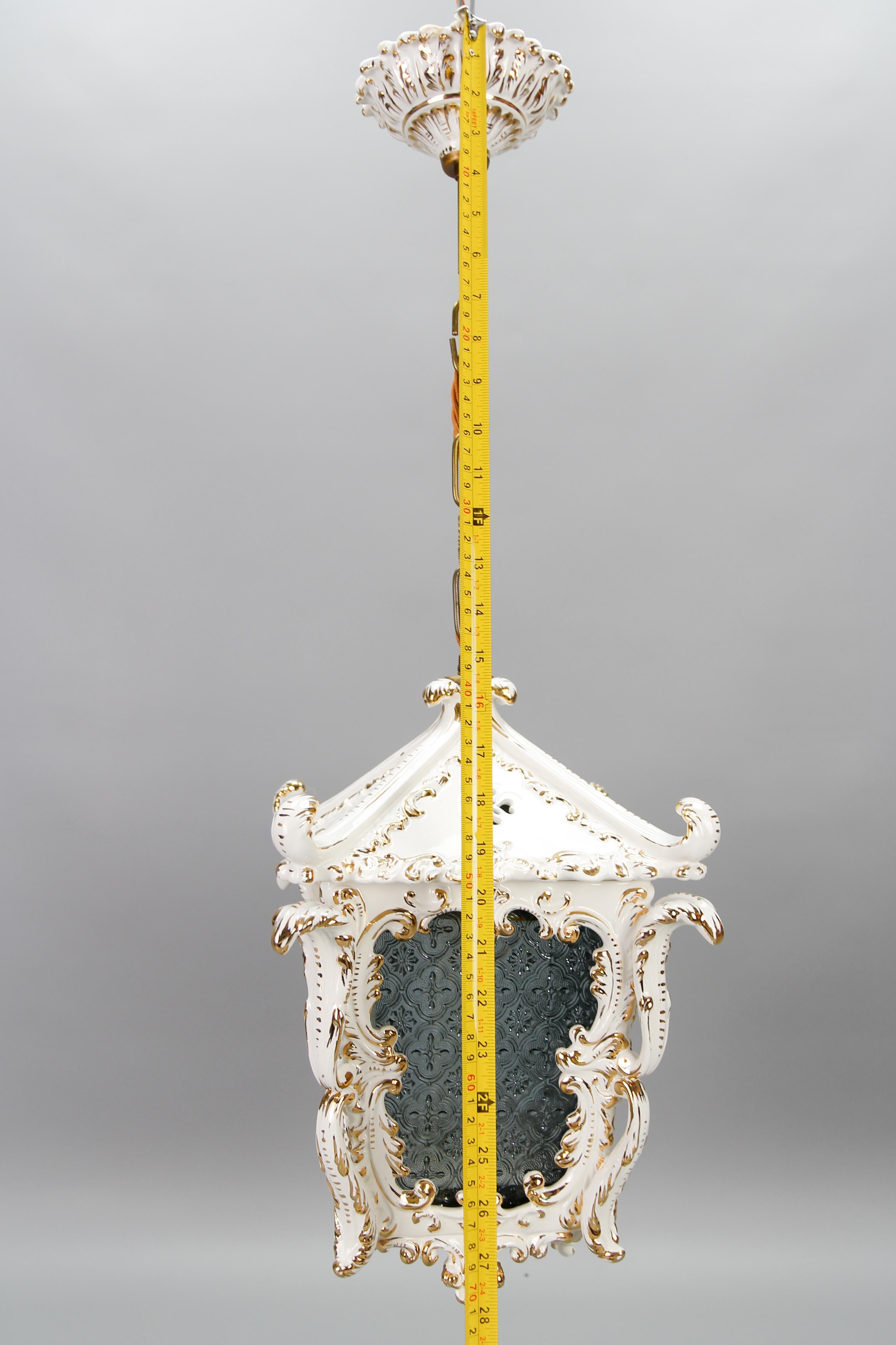 Vintage French Rococo Style White Ceramic and Glass Hanging Lantern, 1970s For Sale 13