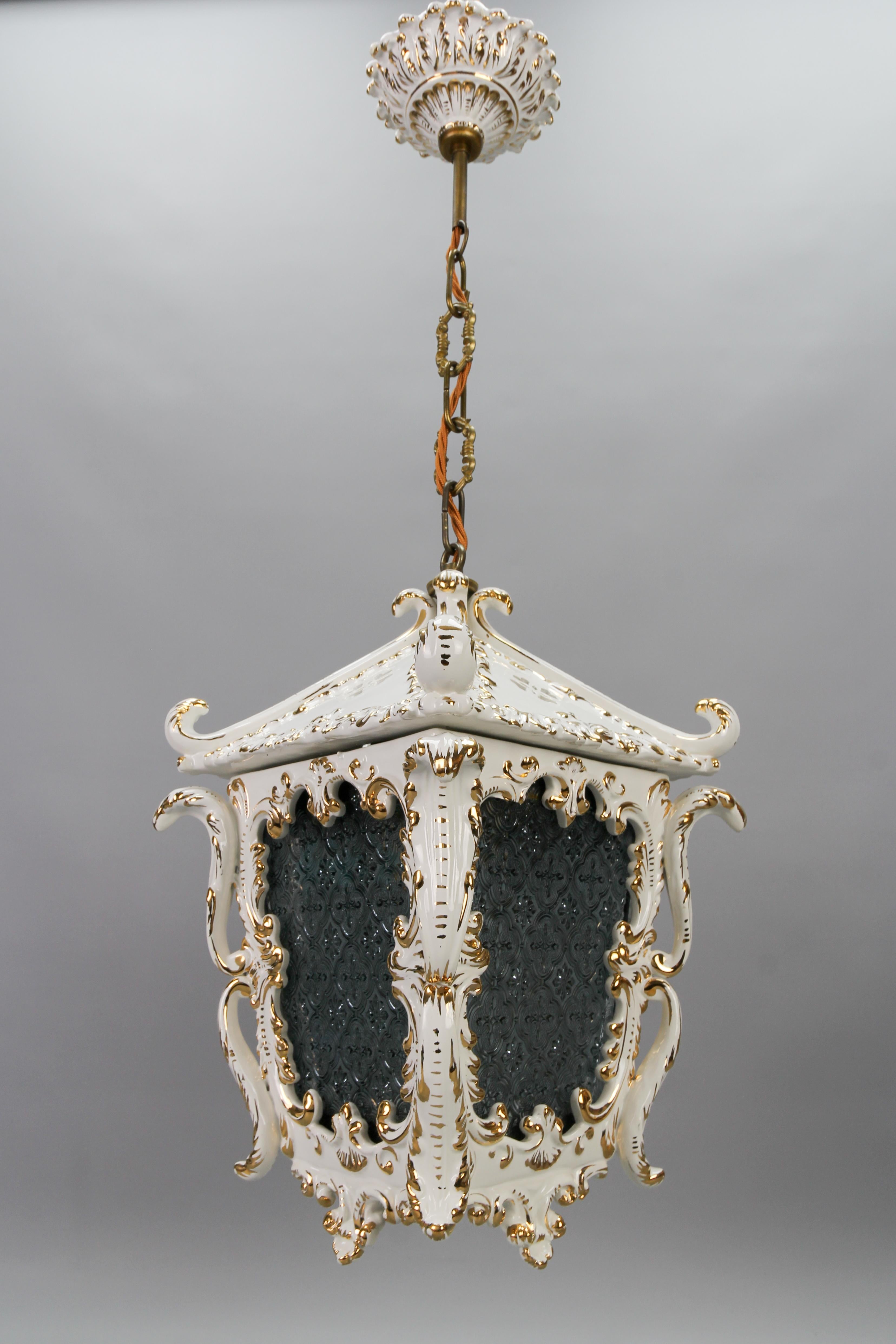 Vintage French Rococo Style White Ceramic and Glass Hanging Lantern, 1970s For Sale 14