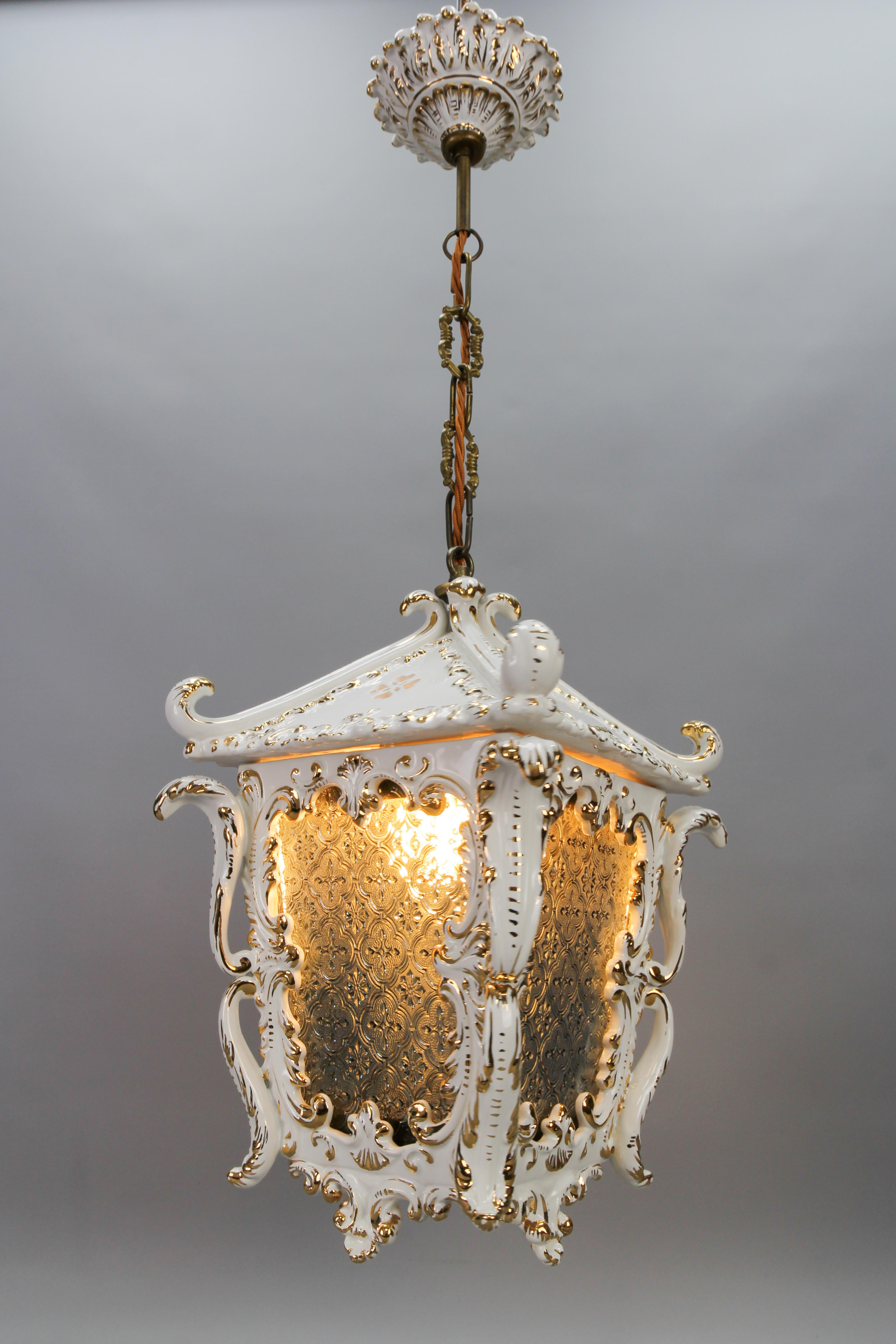 Vintage French Rococo Style White Ceramic and Glass Hanging Lantern, 1970s For Sale 15